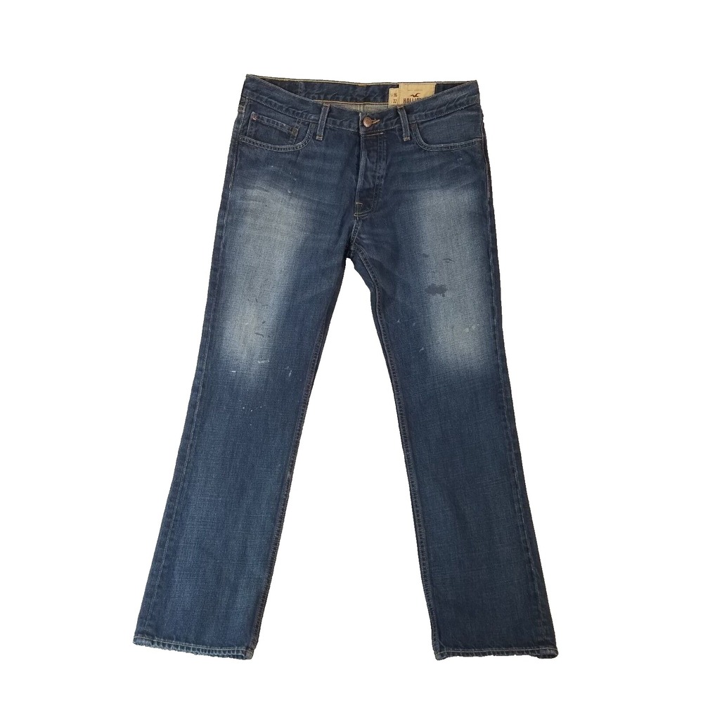 Hollister jeans men's 36x32 regular straight button fly blue denim pants stained
